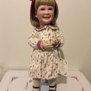 Porcelain Doll in Cream Floral Dress with Burgundy Accents